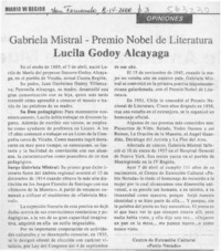 Gabriela Mistral, Premio Nobel de Literartura, Lucila Godoy Alcayaga  [artículo]