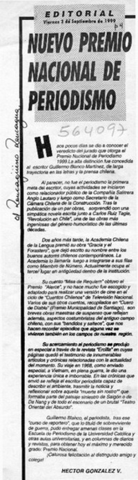 Nuevo premio nacional de periodismo  [artículo] Héctor González V.