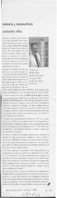 Memoria y metamorfosis  [artículo] Antonio Riba