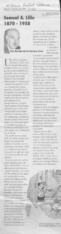 Samuel A. Lillo 1870-1958  [artículo] Hernán de la Carrera Cruz