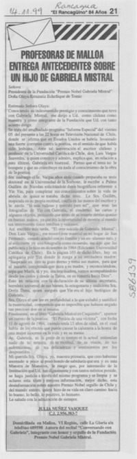 Profesora de Malloa entrega antecedentes sobre un hijo de Gabriela Mistral