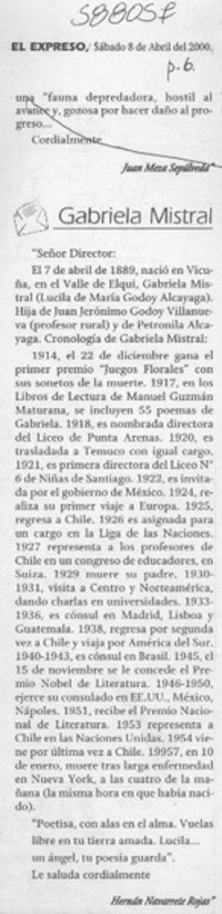 Cumpleaños de Gabriela  [artículo] Juan Meza Sepúlveda