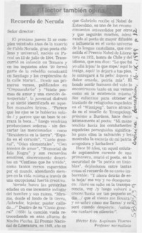 Recuerdo de Neruda  [artículo] Héctor Eduardo Espinoza Viveros