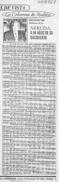 Neruda, a 94 años de su nacimiento  [artículo] Audito Gavilán Tapia