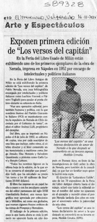 Exponen primera edición de "Los versos del capitán"