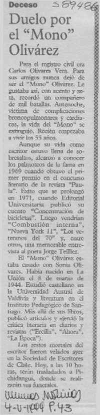 Duelo por el "Mono" Olivárez  [artículo]