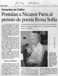 Postulan a Nicanor Parra al premio de poesía Reina Sofía  [artículo]