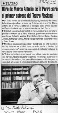 Obra de Marco Antonio de la Parra será el primer estreno del Teatro Nacional  [artículo]