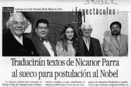 Traducirán textos de Nicanor Parra al sueco para postulación al Nobel  [artículo] A. S. C.