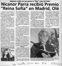 Nicanor Parra recibió Premio "Reina Sofía" en Madrid, Olé  [artículo]