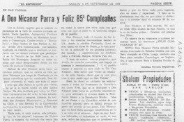 A don Nicanor Parra y feliz 85° cumpleaños  [artículo] Cristina Urrutia Sepúlveda