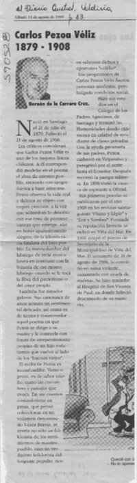 Carlos Pezoa Véliz 1879-1908  [artículo] Hernán de la Carrera Cruz