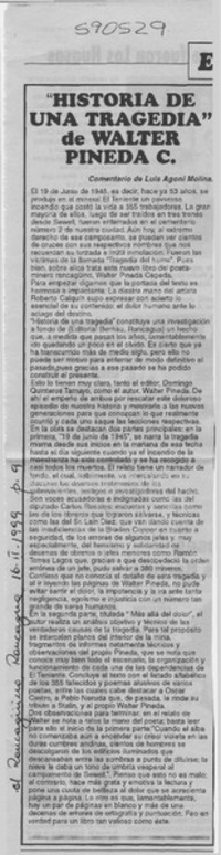 "Historia de una tragedia" de Walter Pineda C.  [artículo] Luis Agoni Molina
