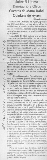 Sobre el último dinosaurio y otros cuentos de María Isabel Quintana de Aysén  [artículo] Liliana Pualuan
