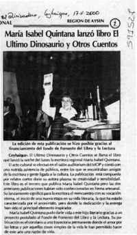 María Isabel Quintana lanzó libro El último dinosaurio y otros cuentos  [artículo]