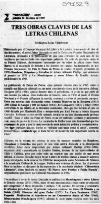 Tres obras claves de las letras chilenas  [artículo] Wellington Rojas Valdebenito