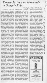 Revista textos y un homenaje a Gonzalo Rojas  [artículo] Wellington Rojas Valdebenito