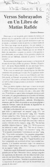 Versos subrayados en un libro de Matías Rafide  [artículo] Gustavo Donoso