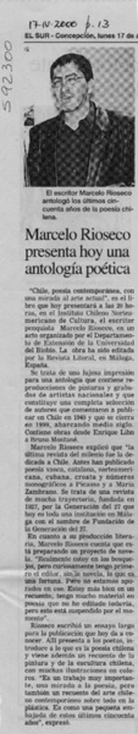 Marcelo Rioseco presenta hoy una antología poética  [artículo]
