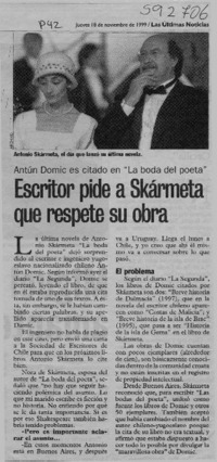 Escritor pide a Skármeta que respete su obra  [artículo]