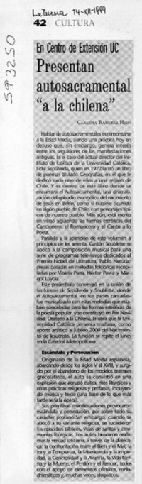 Presentan autosacramental "a la chilena"  [artículo] Claudia Ramírez Hein