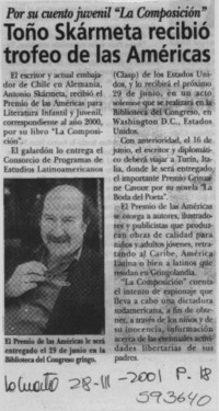Toño Skármeta recibió trofeo de las Américas  [artículo]