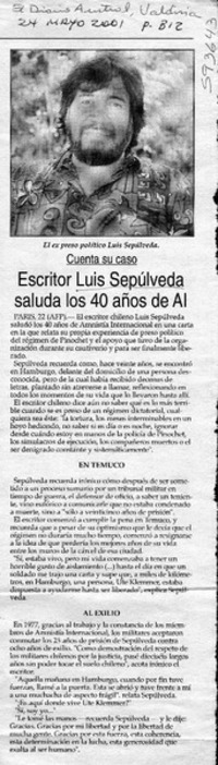 Escritor Luis Sepúlveda saluda los 40 años de AI  [artículo]