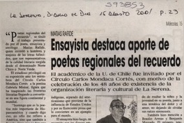 Ensayista destaca aporte de poetas regionales del recuerdo  [artículo]