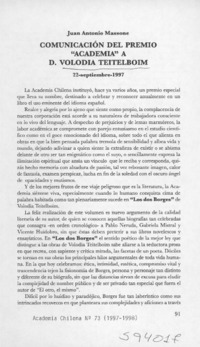Comunicación del premio "Academia" a D. Volodia Teitelboim  [artículo] Juan Antonio Massone