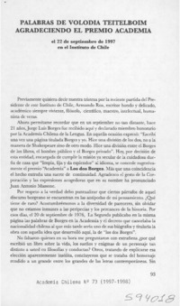 Palabras de Volodia Teitelboim agradeciendo el Premio Academia  [artículo]