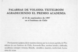 Palabras de Volodia Teitelboim agradeciendo el Premio Academia  [artículo]