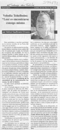Volodia Teitelboim, "leer es encontrarse consigo mismo"  [artículo] Helmut Kauffmann Chivano
