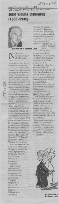 Julio Vicuña Cifuentes (1865-1936)  [artículo] Hernán de la Carrera Cruz