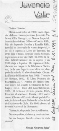Juvencio Valle  [artículo] Hernán Navarrete Rojas