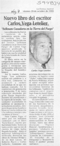 Nuevo libro del escritor Carlos Vega Letelier  [artículo]