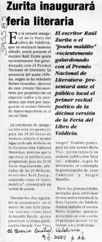 Zurita inaugurará feria literaria  [artículo]