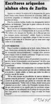 Escritores ariqueños alaban obra de Zurita  [artículo]
