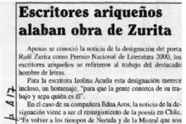 Escritores ariqueños alaban obra de Zurita  [artículo]