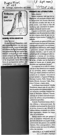 Premio de literatura  [artículo] Graciela Álvarez Rojas