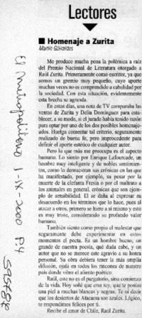 Premio a Zurita  [artículo] Martín Güiraldes