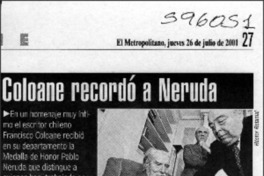 Coloane recordó a Neruda  [artículo]