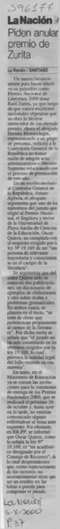 Piden anular premio de Zurita  [artículo]