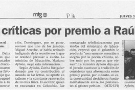 Surgen críticas por premio a Raúl Zurita  [artículo]