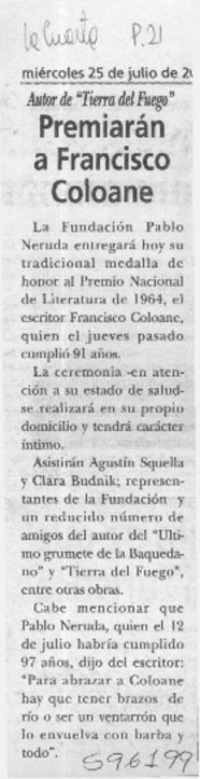 Premiarán a Francisco Coloane  [artículo]
