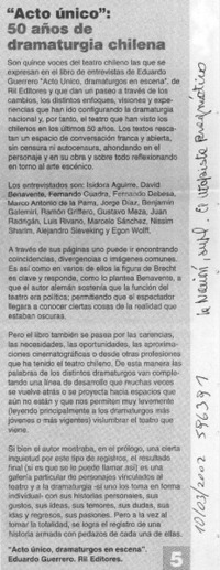 "Acto único", 50 años de dramaturgia chilena  [artículo] Vicente Clua