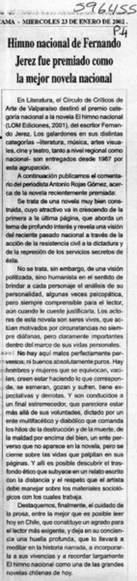 Himno nacional de Fernando Jerez fue premiado como la mejor novela nacional  [artículo]