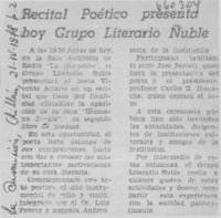 Recital poético presenta hoy grupo literario Ñuble.  [artículo]