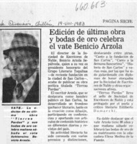 Edición de última obra y bodas de oro celebra el vate Benicio Arzola.  [artículo]