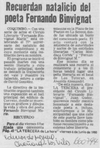 Recuerdan natalicio del poeta Fernando Binvignat.