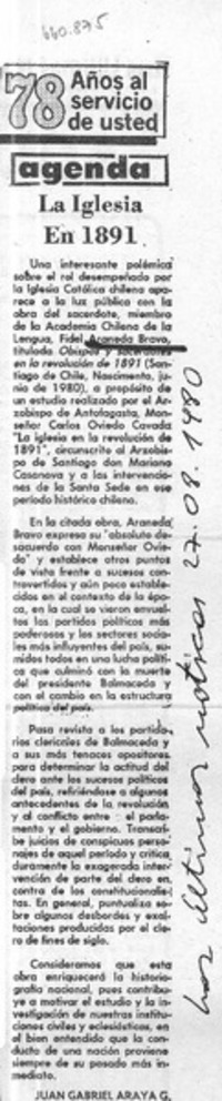La iglesia en 1891  [artículo] Juan Gabriel Araya G.